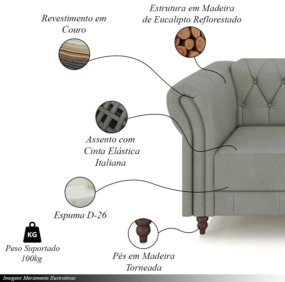 Poltrona Decorativa Sala de Estar Stanford Chesterfield Pés de Madeira Couro Cinza G58 - Gran Belo