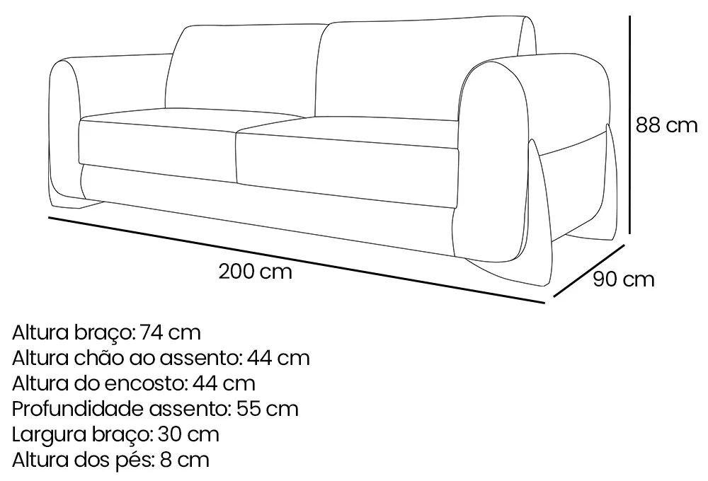 Sofá 3 Lugares Base de Madeira Clarissa 200 cm Linho S04 - D'Rossi - Dourado