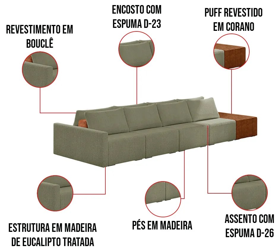 Sofá Ilha 4 Lugares Living 472cm Modulado para Sala Lary Bouclê Verde K01 - D'Rossi