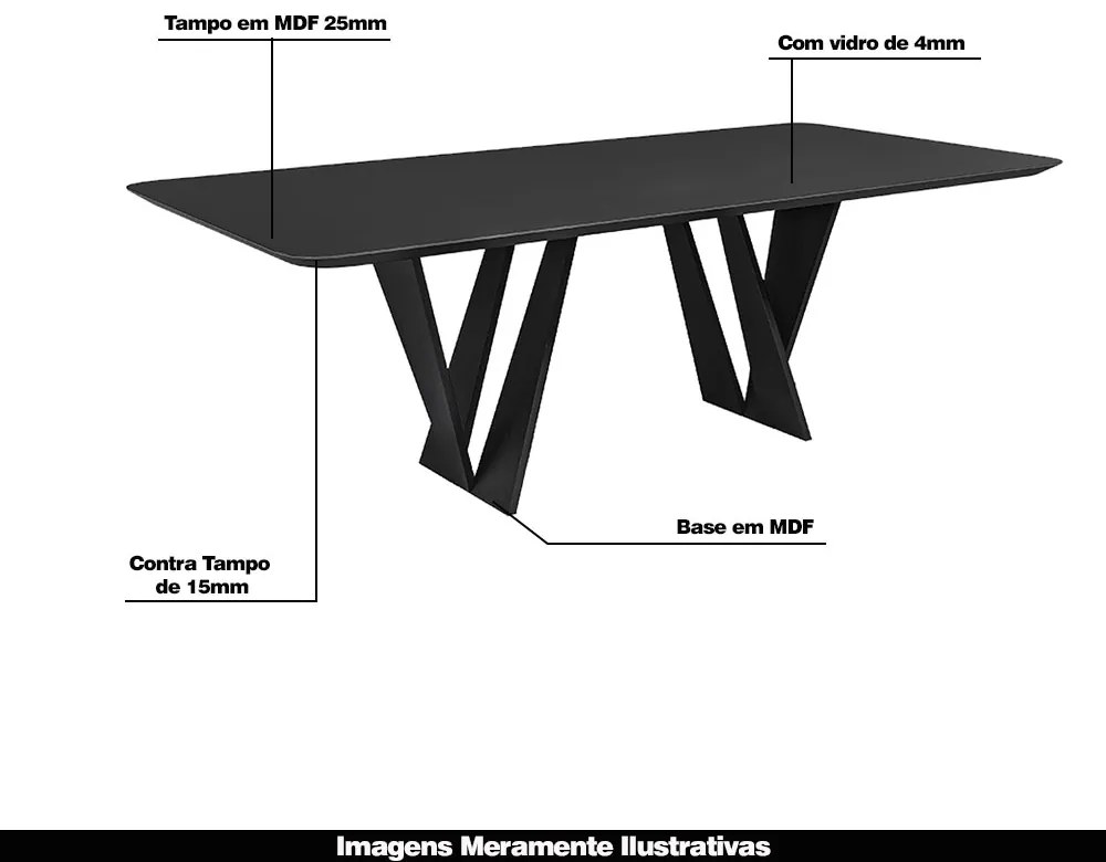 Mesa Sala de Jantar 8 Lugares 218cm Tampo com Vidro Shuri Preto/Ébano G13 - Gran Belo