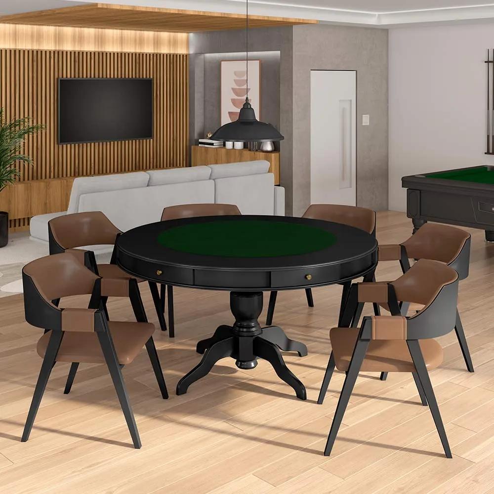 Conjunto Mesa de Jogos Carteado Bellagio Tampo Reversível e 6 Cadeiras Madeira Poker PU Caramelo/Preto G42 - Gran Belo