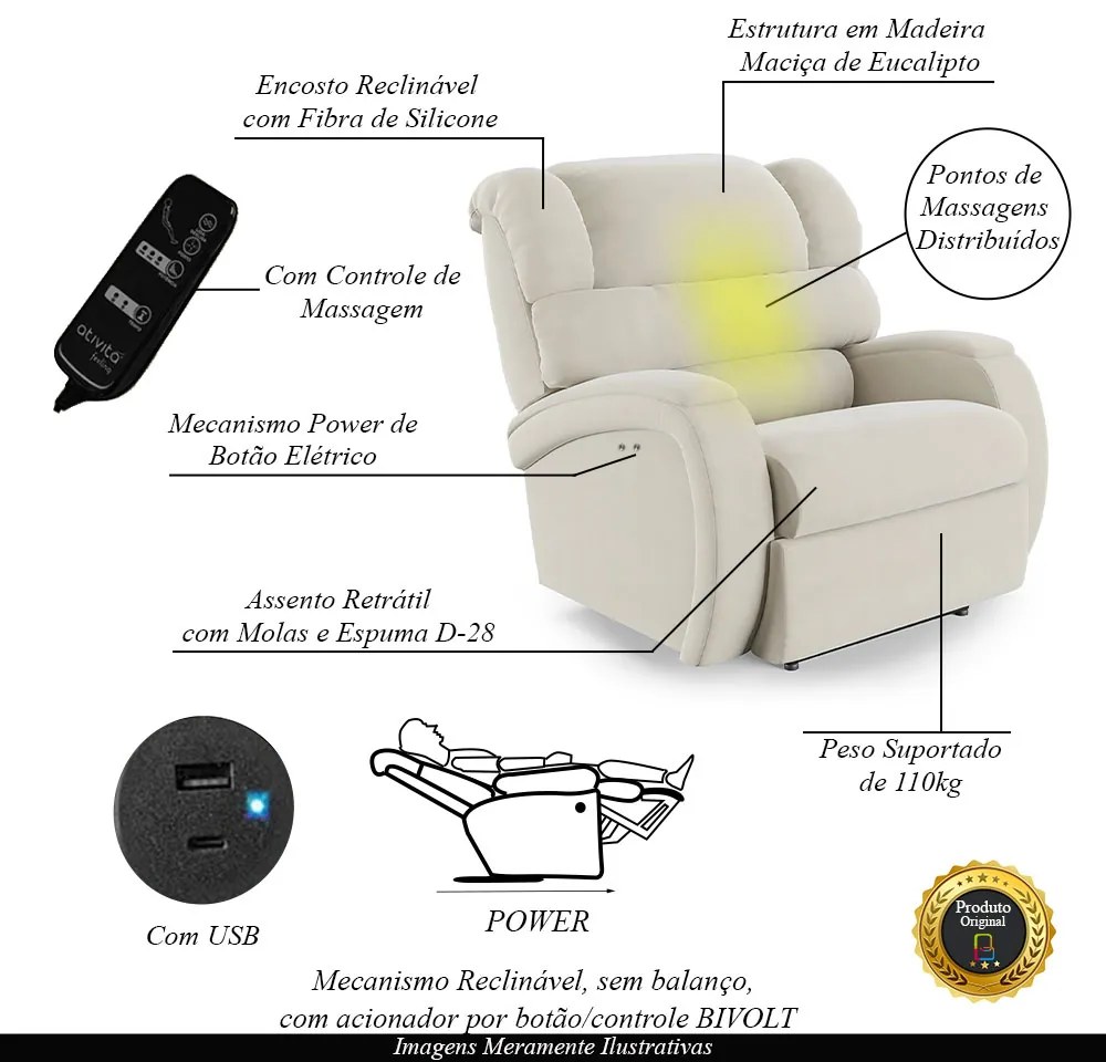 Poltrona do Papai Reclinável Napoli Power Touch Massagem Veludo Bege FH1 - D'Rossi