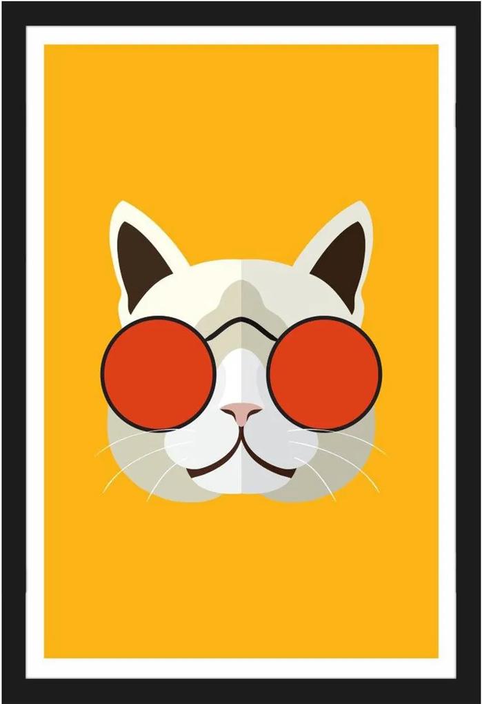 Quadro Com Gato De óculos Vermelho Em Fundo Amarelo Com Moldura Preta 40x60cm