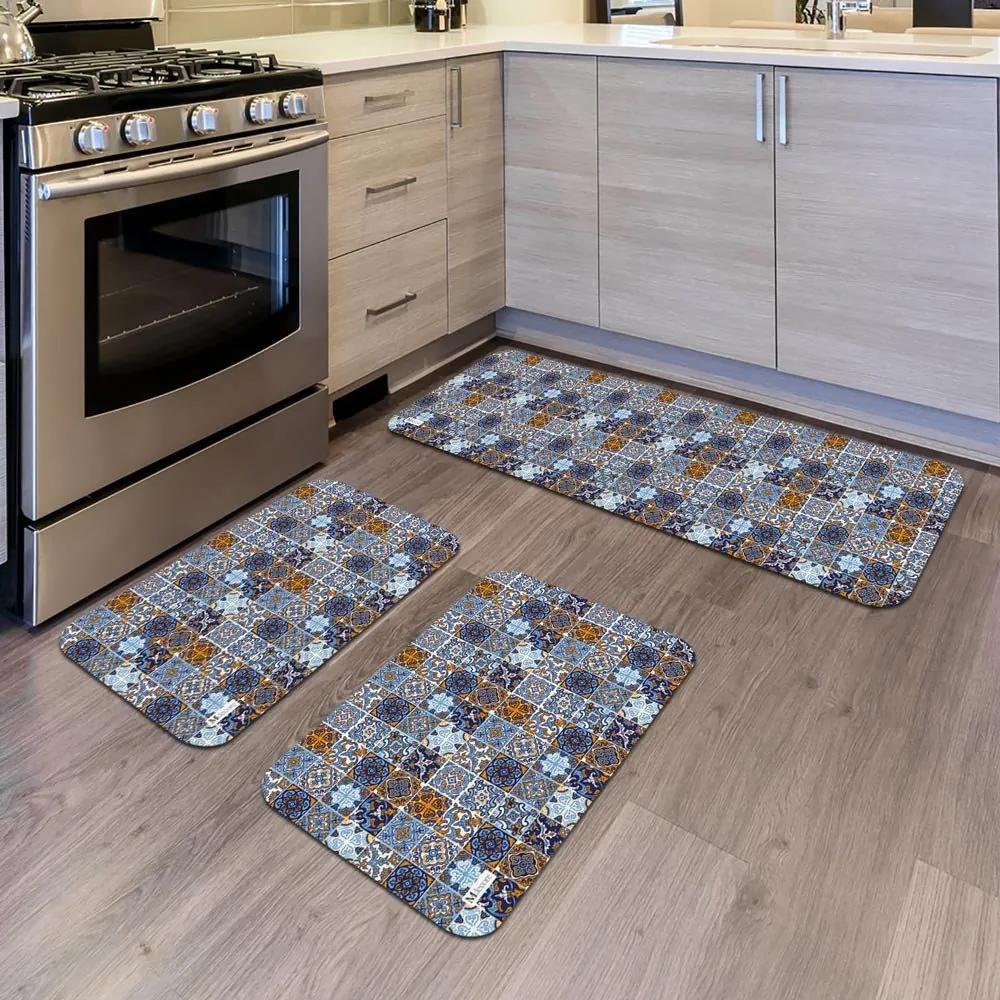 Kit com 3 Tapetes de Cozinha Mdecore Azulejo AzulÚnico