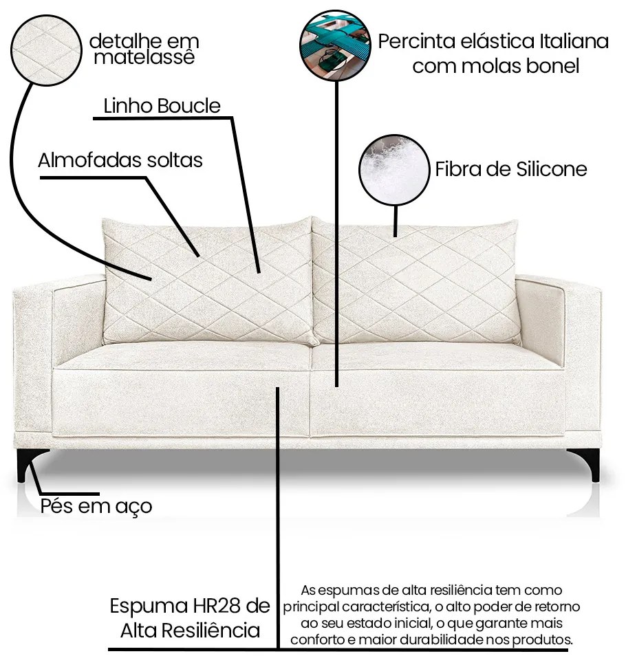 Sofá Living 2 Lugares com Pés de Ferro Almofadas Soltas 180cm Neso Bouclê Off White G63 - Gran belo