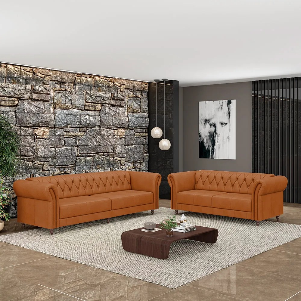 Conjunto de Sofá Sala de Estar Stanford Chesterfield 2 e 3 Lugares 200cm/240cm Pés Madeira Couro Terracota G58 - Gran Belo