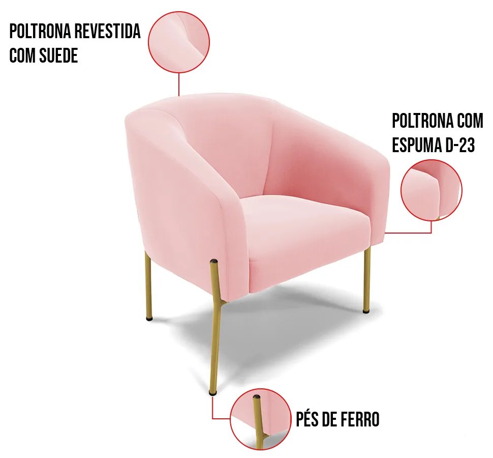 Cadeira Sala de Jantar Pé de Ferro Dourado Stella Suede D03 - D'Rossi - Rosa Bebê