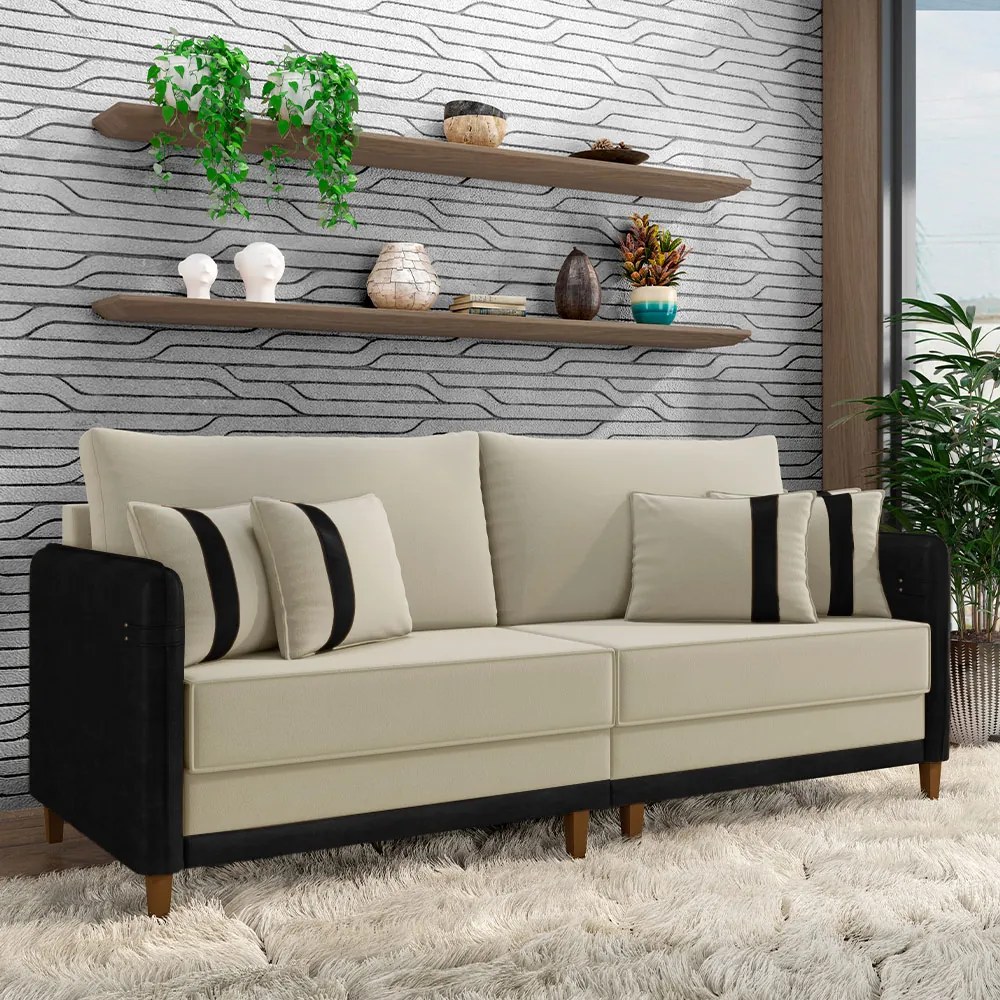 Sofá Living Montecarlo 2 Lugares Bipartido 192cm Pés em Madeira Veludo/PU Bege/Preto G33 - Gran Belo