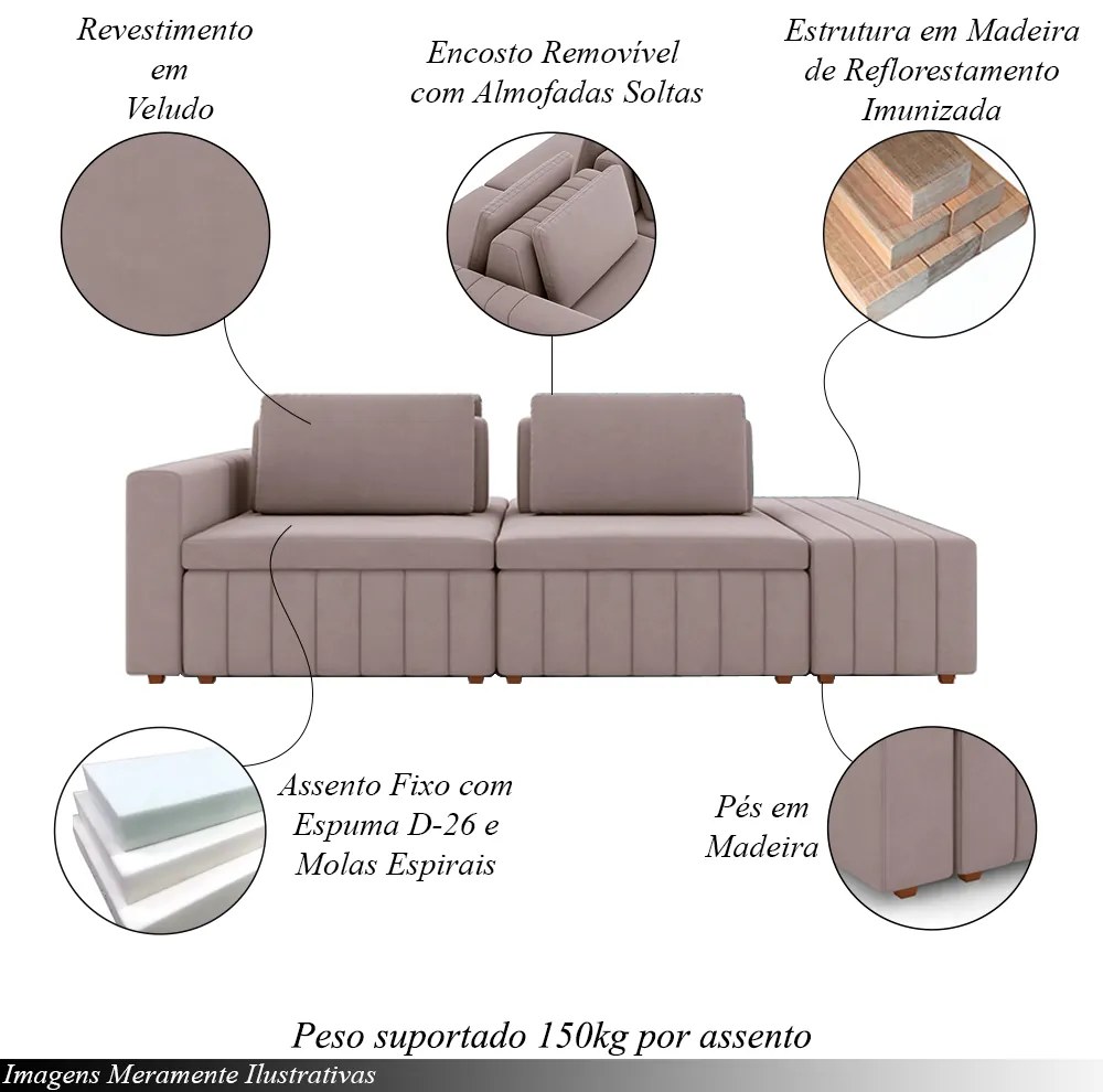 Sofá Ilha com Encosto e Almofadas Móveis Olimpo 245cm Modulado Veludo Rosê G45 - Gran Belo