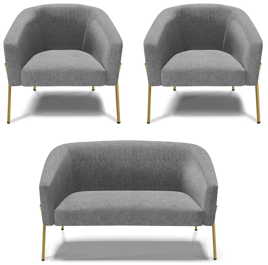 Namoradeira e 2 Poltronas Pé de Ferro Dourado Stella Linho Grafite D03 - D'Rossi