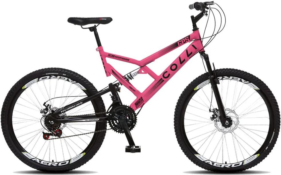 Bicicleta Esportiva Aro 26 Dupla Suspensão Freio a Disco GPS 220 Quadro 18 Aço Rosa Neon - Colli Bike
