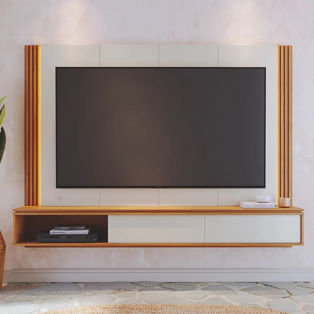 Painel TV 75 Pol 180cm Bancada Suspensa Ripado Led Duda C04 - D'Rossi - Off White Matte e Freijó