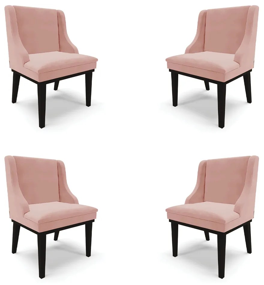 Kit 4 Cadeiras Decorativas Sala de Jantar Base Fixa de Madeira Firenze Veludo Rosê/Preto G19 - Gran Belo