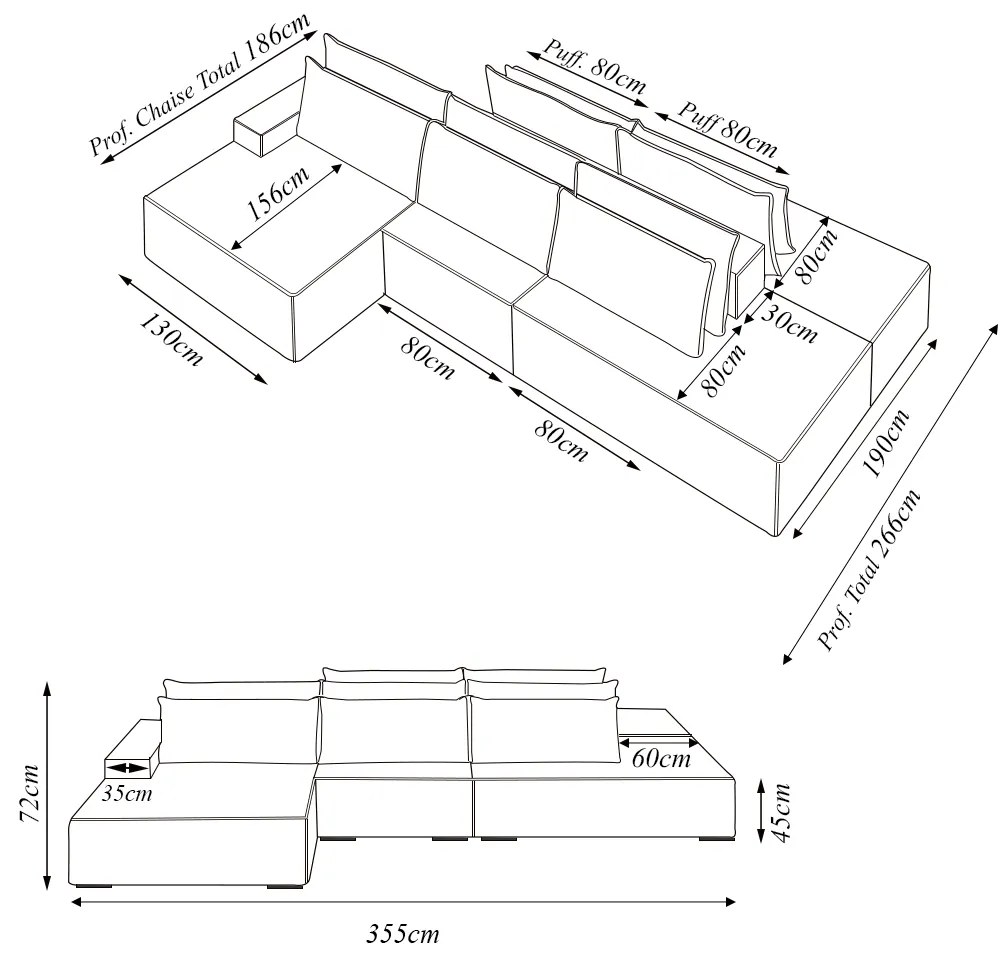 Sofá Ilha com Encosto e Almofadas Delta 355cm Modulado Chaise e Puffs Bouclê Bege Escuro G52 - Gran Belo