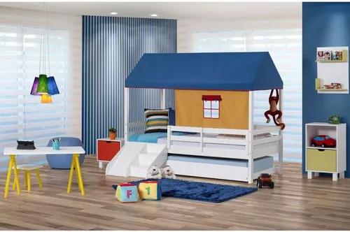 Bicama Infantil Prime com Grade de Proteção, Telhado Azul e Kit Escada/escorregador - CasaTema