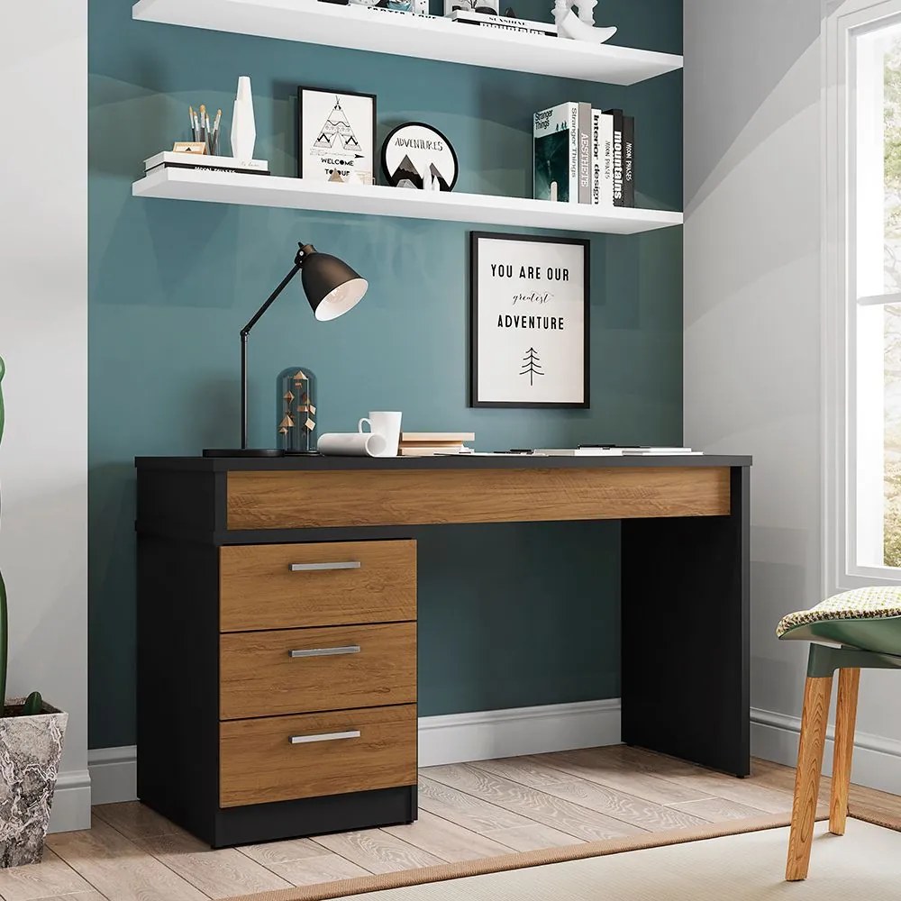 Mesa Para Escritório Soly L01 Preto Velutto/Freijó - ADJ DECOR