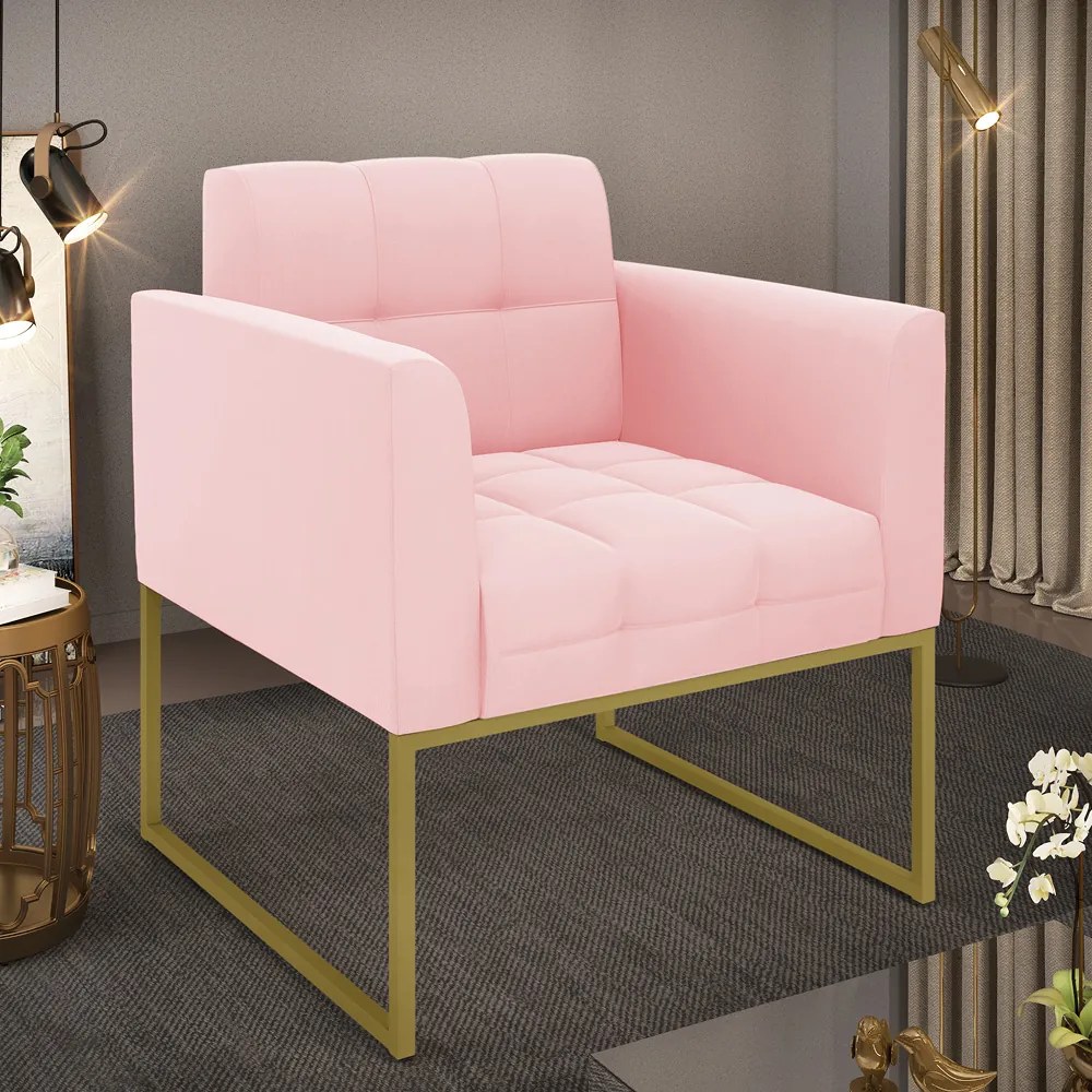 Poltrona Elisa Suede Rosa Bebê Base Metálica Industrial Dourado - D'Rossi