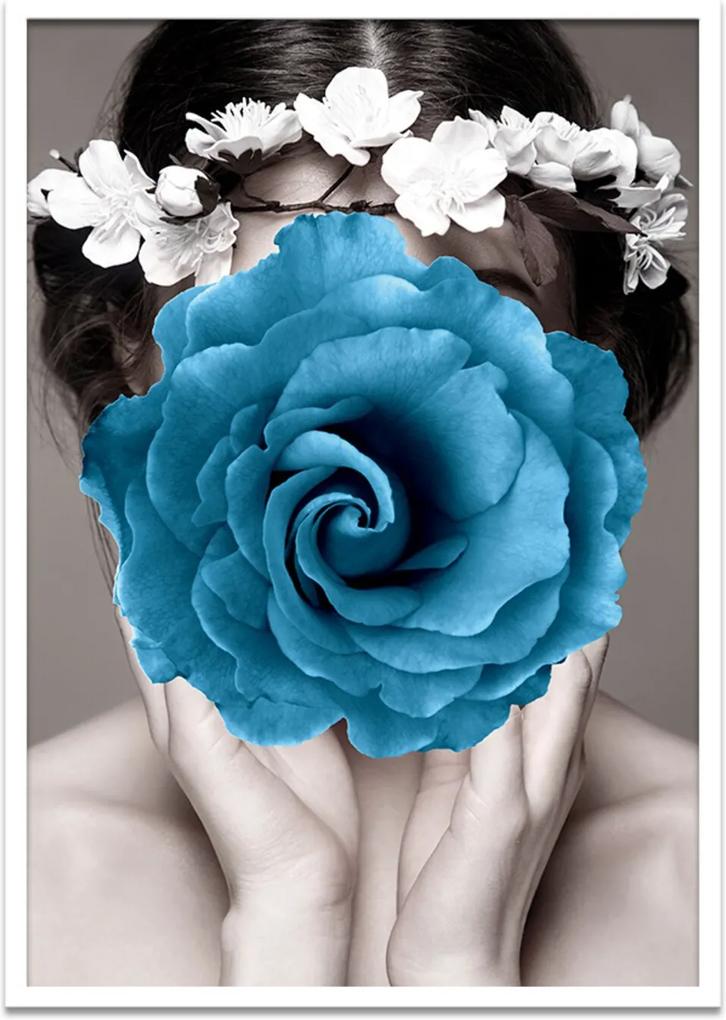 Quadro 60x90cm Amália Mulher com Flor Azul Nórdico Moldura Branca Sem Vidro