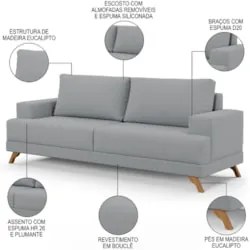 Sofá 3 Lugares 200cm Living Pés Curvos Santi D05 Bouclé Cinza - Mpozen