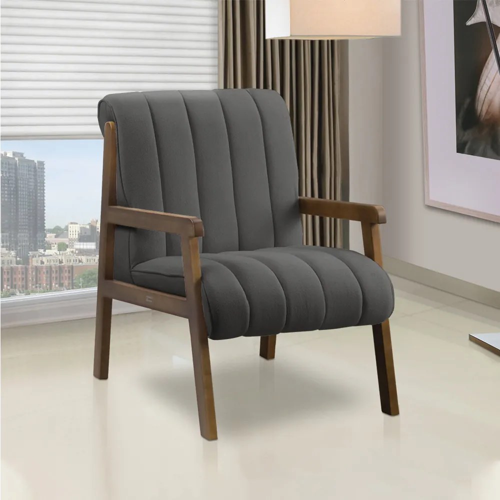 Poltrona Decorativa para Sala Base de Madeira Daline Bouclê Cinza Escuro E03 - D'Rossi