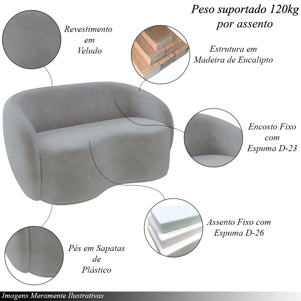 Conjunto 1 Sofá Living 160cm e 1 Poltrona Decorativa Sala de Estar Íbis Encosto Fixo Veludo Cinza G33 - Gran Belo