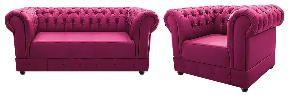 Kit Poltrona e Namoradeira Chesterfield Ana Suede Pink - ADJ Decor