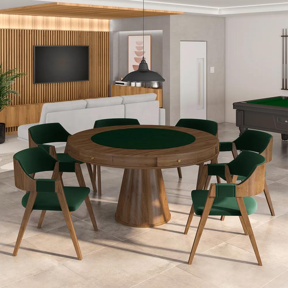 Conjunto Mesa de Jogos Carteado Bellagio Tampo Reversível e 6 Cadeiras Madeira Poker Base Cone Veludo Verde/Nogueira G42 - Gran Belo