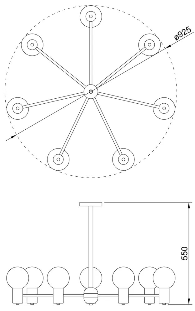 Pendente Nikko Ø92,5X55Cm C/ 7 Globos 7Xg9 / Haste Fixa / Globo Ø12Cm... (PT / AL-PV - Preto Texturizado / Alumínio Brilho Polido Verniz, CLEAR)