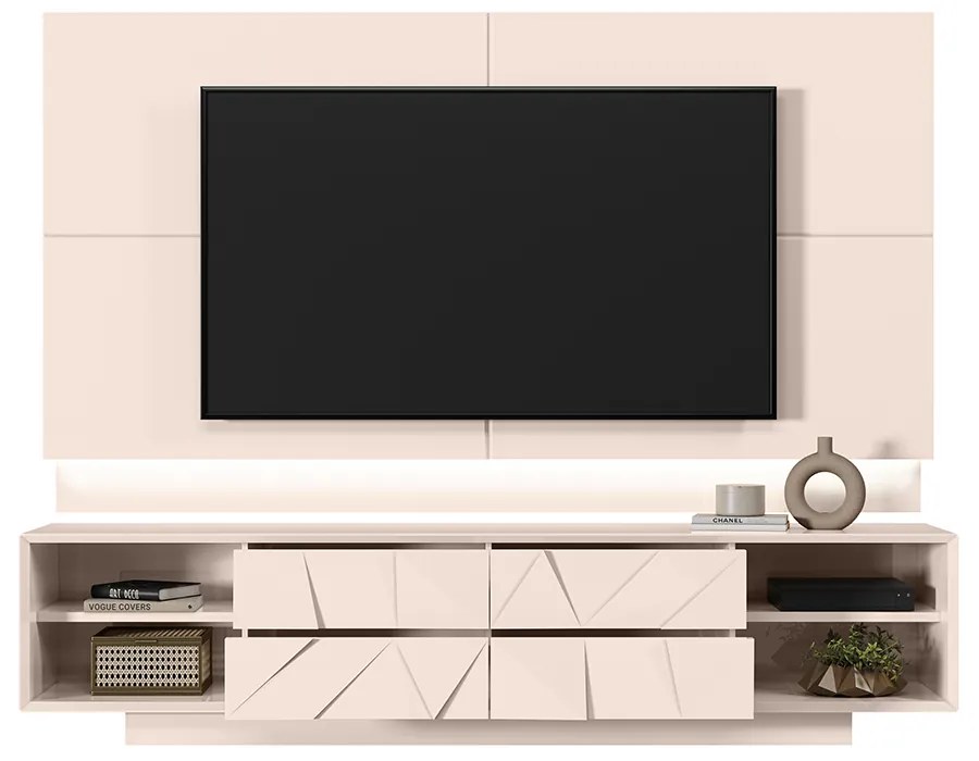 Painel Decorativo com Bancada 4 Gavetas para TV até 75 pol 240cm Iluminação Fita LED Off White Devlin G18 - Gran Belo