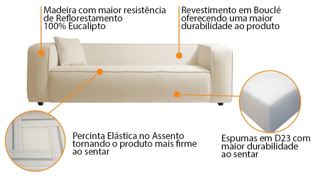 Sofá 3 Lugares 180cm Orgânico Luxo Recepção Cecília Bouclé - ADJ Decor