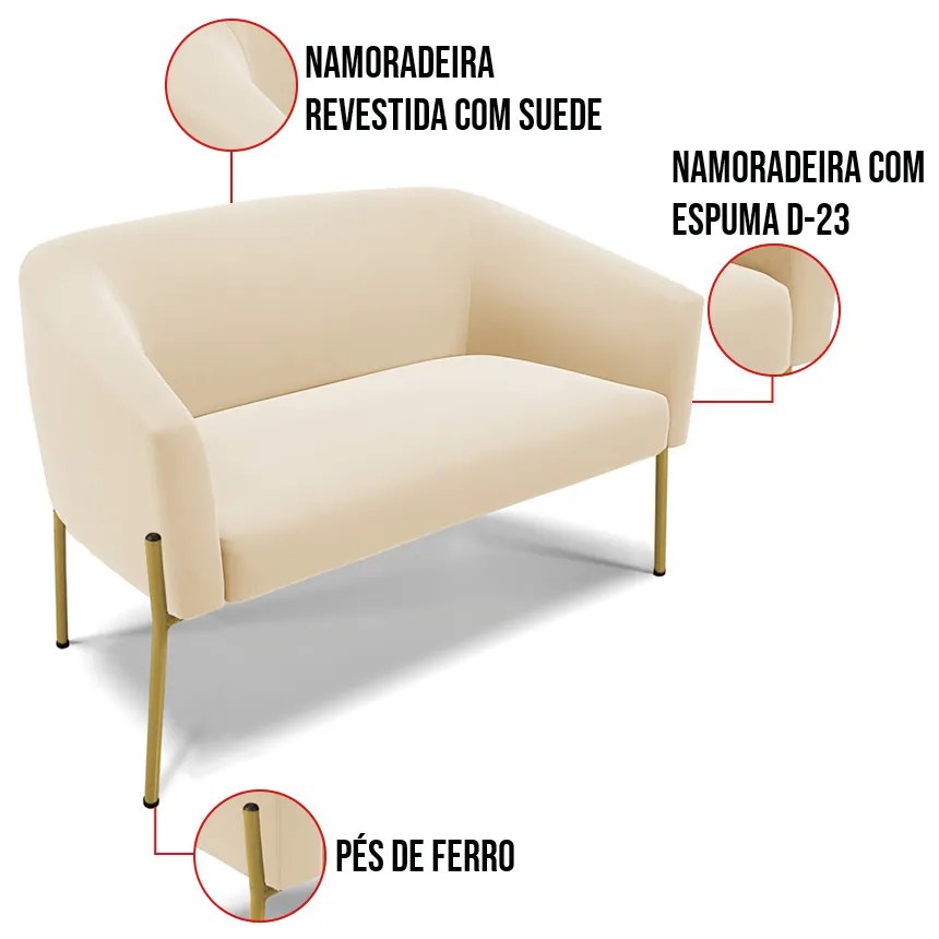Sofá 2 Lugares Namoradeira Pé de Ferro Dourado Stella Suede D03 - D'Rossi - Bege