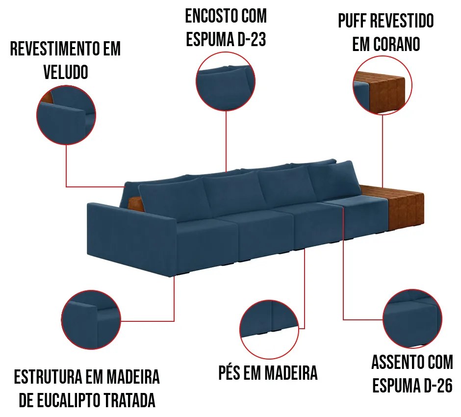 Sofá Ilha 4 Lugares Living 392cm Modulado para Sala Lary Veludo Azul Marinho K01 - D'Rossi