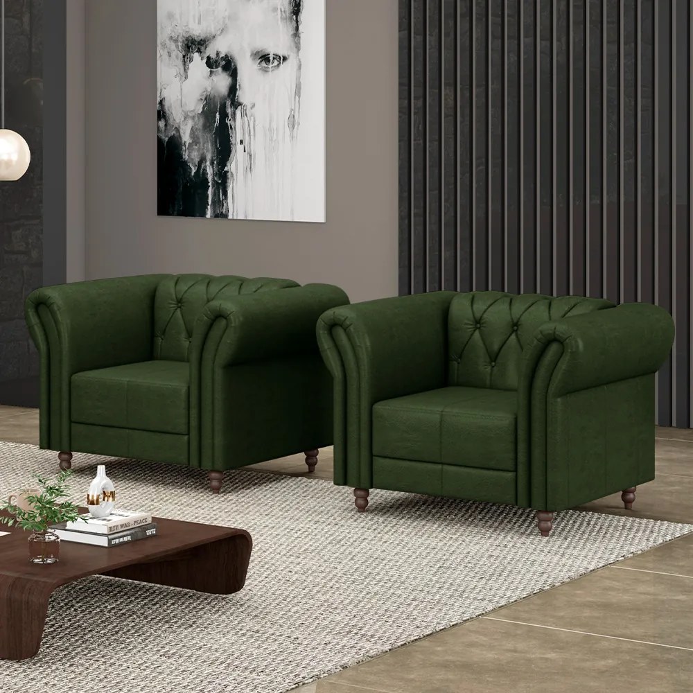 Kit 2 Poltronas Decorativas Sala de Estar Stanford Chesterfield Pés de Madeira Couro Verde Manchado G58 - Gran Belo