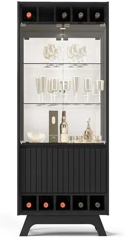Cristaleira Rivera  com led, espelho, 02 prateleiras de vidro, porta garrafas e 04 portas, Padrao - Preto Brilho