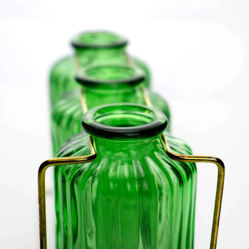 Kit com 3 Vasos de Vidro Verde com Suporte Dourado 13x21 cm - D'Rossi
