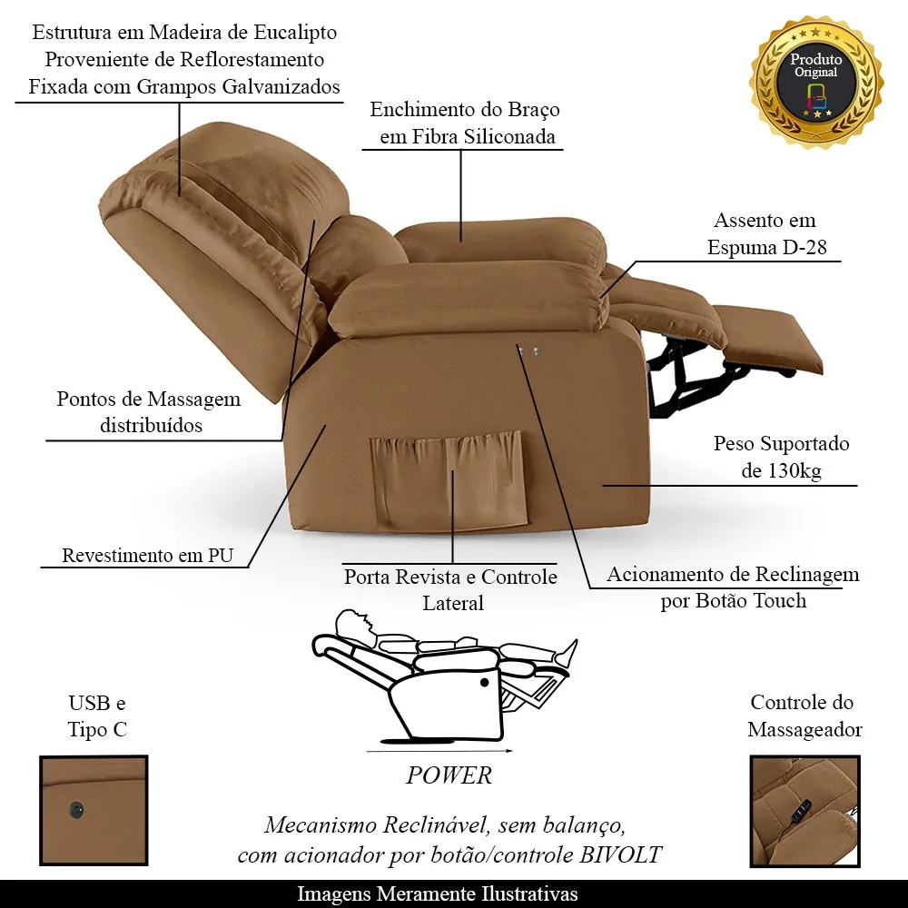 Poltrona do Papai Reclinável Melim Power Touch Massagem Sintético PU FH1 - D'Rossi - Caramelo