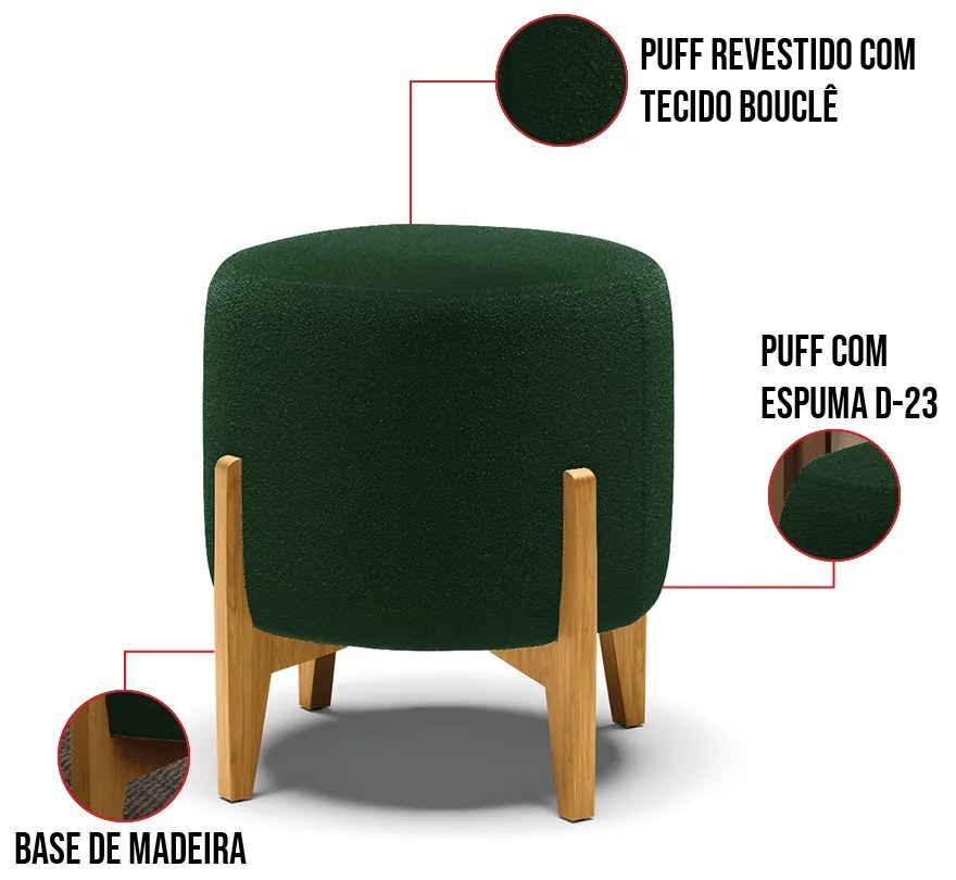 Puff Banqueta Decorativo Base Madeira Stella Bouclê Verde P01 - D'Rossi