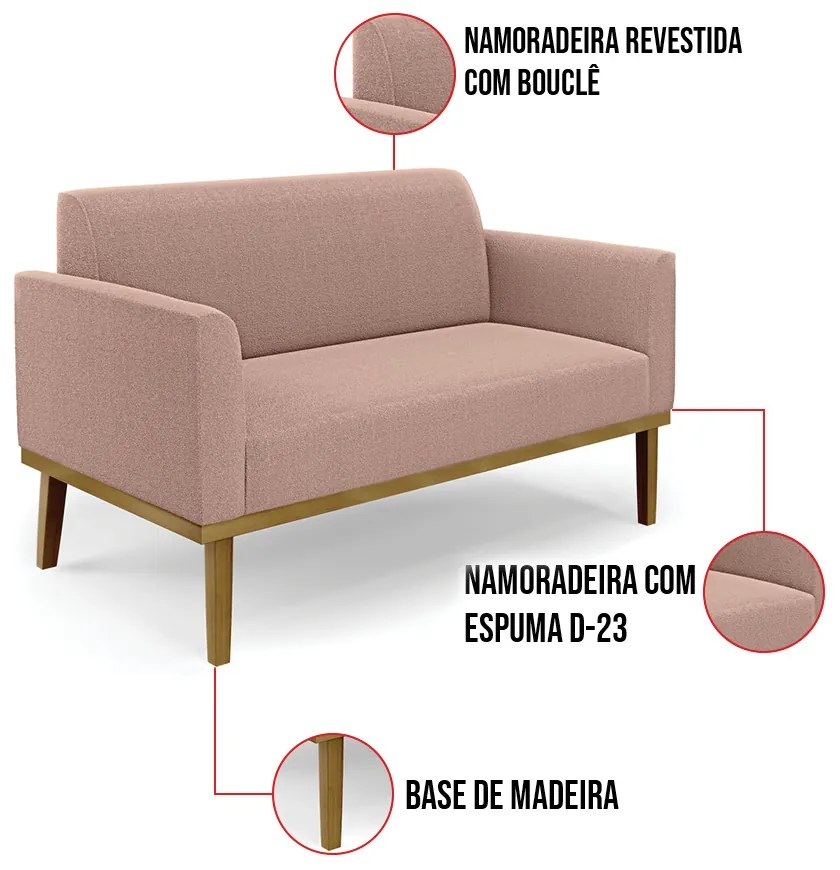 Sofá 2 Lugares Namoradeira Madeira Castanho Marisa Bouclê Rosê D03 - D'Rossi