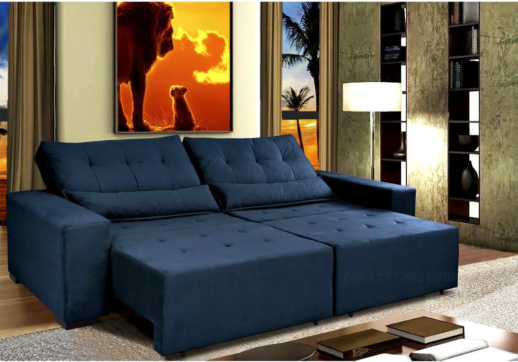 Sofá Retrátil  E Cama Com Molas Confort Max 2,52 Tecido Suede Azul - Cama Inbox