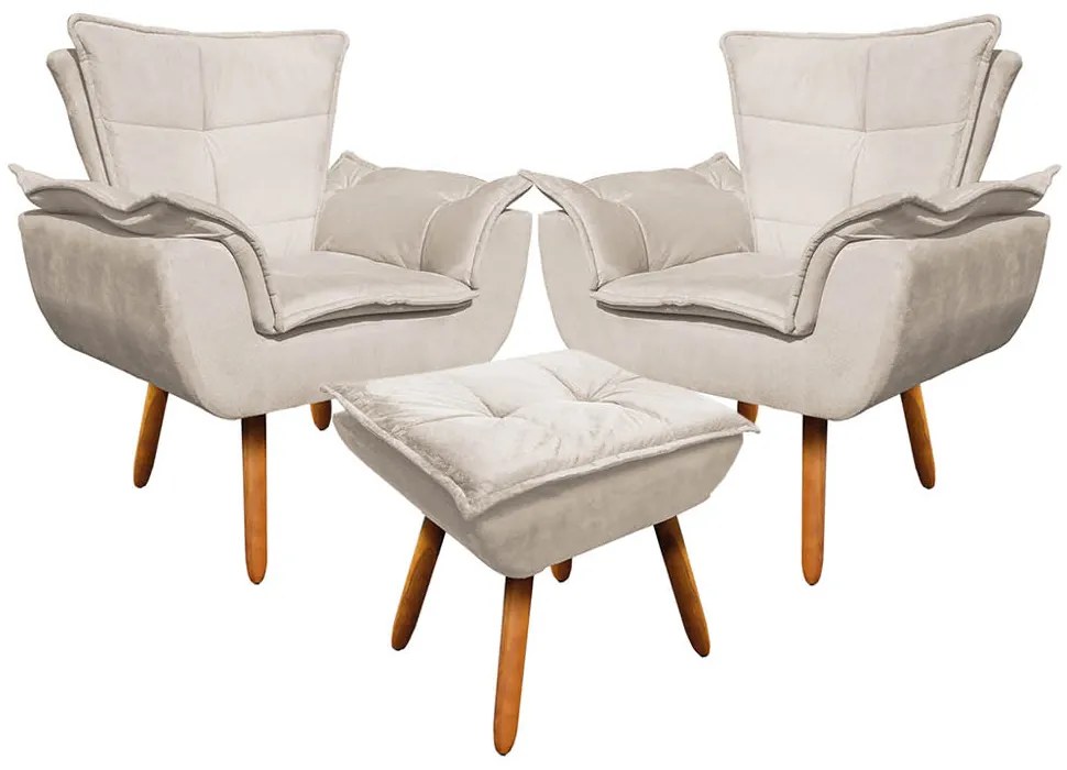 02 Poltronas e 01 Puff Pé Palito de Madeira Opala Suede D03 - D'Rossi - Bege