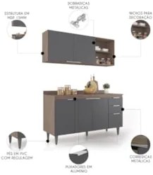 Armário de Cozinha Com Tampo CP01 150cm Pérola Freijó/Grafite Z34 - Mp