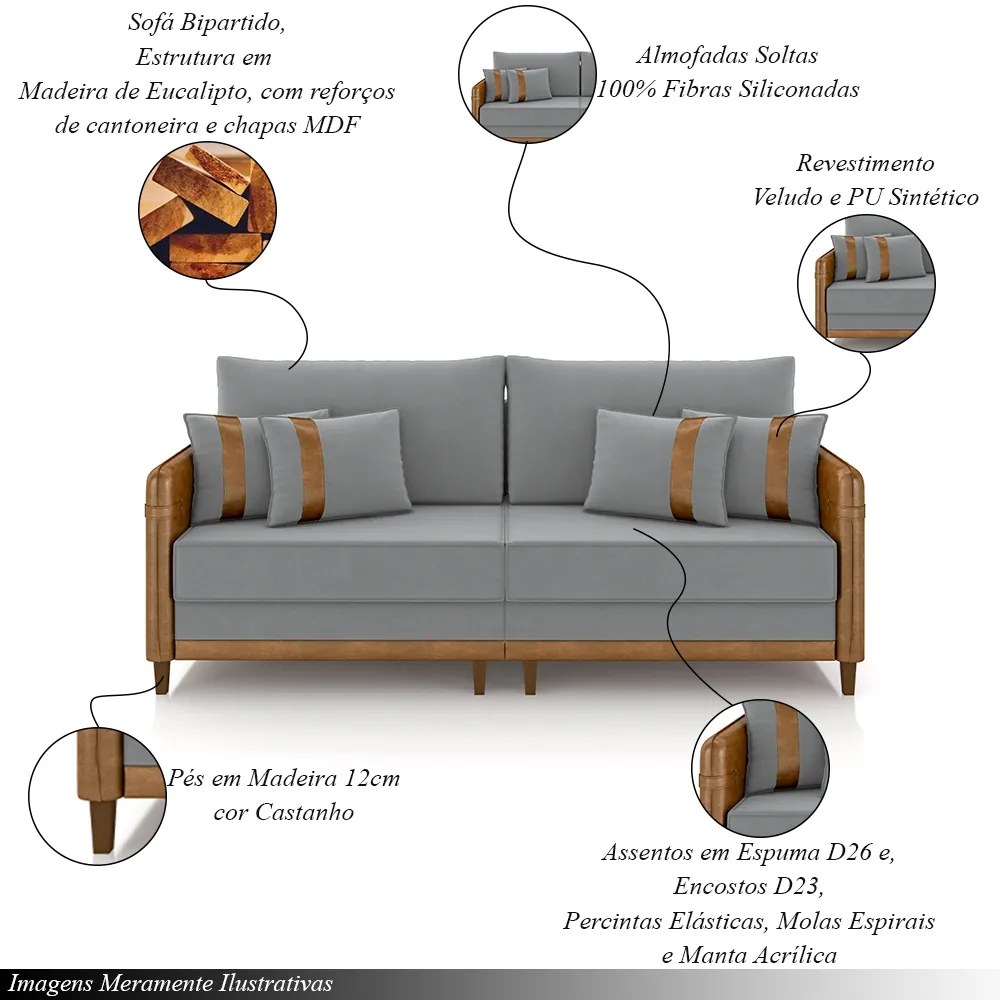 Sofá Living Montecarlo 3 Lugares Bipartido 252cm Pés em Madeira Veludo/PU Cinza/Caramelo G33 - Gran Belo