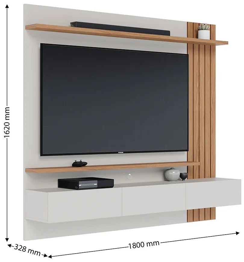 Painel TV 70 Pol 180cm Bancada Suspensa Ripado Luca Off White Matte/Freijó C04 - D'Rossi