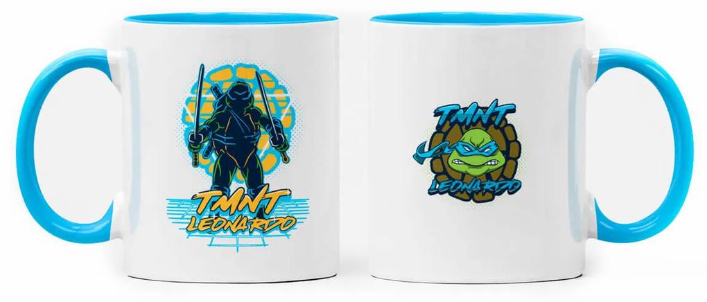 Caneca Tartarugas Ninjas Leonardo Geek Nerd Branca com Alça Azul Claro