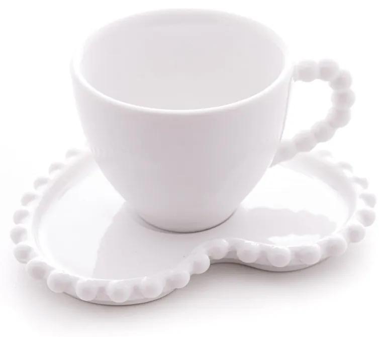 Jogo 4 Xícaras Café Porcelana Com Pires Coração Beads Branco 80ml  17868 Wolff