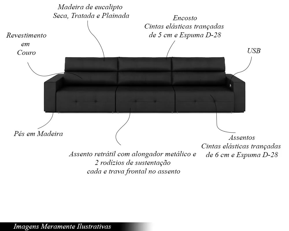 Sofá Retrátil 5 Lugares 374cm 3 Módulos Nero com USB Couro Preto G52 - Gran Belo