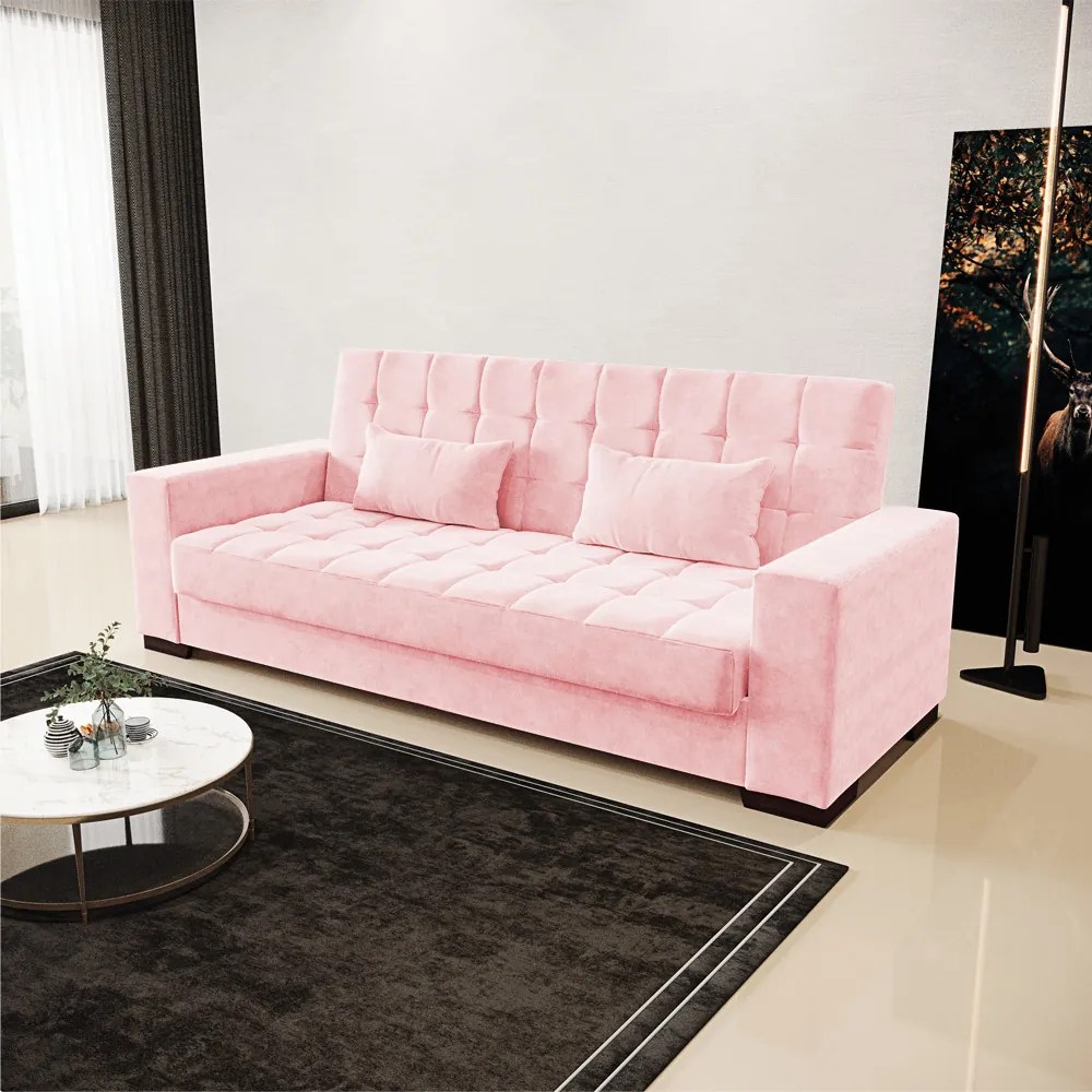 Sofá Cama 02 lugares Lisboa Suede Rosa Bebê Pés de Madeira - D'Rossi