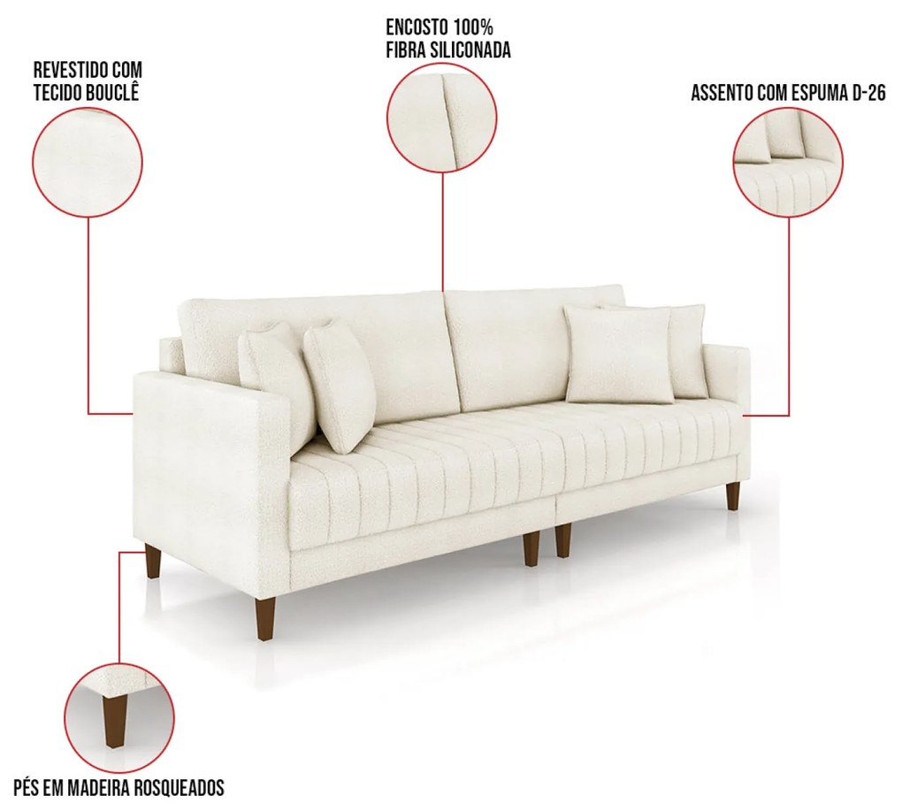 Sofá 3 Lugares Living 196cm Pés Madeira Cléo Bouclê K01 - D'Rossi - Bege