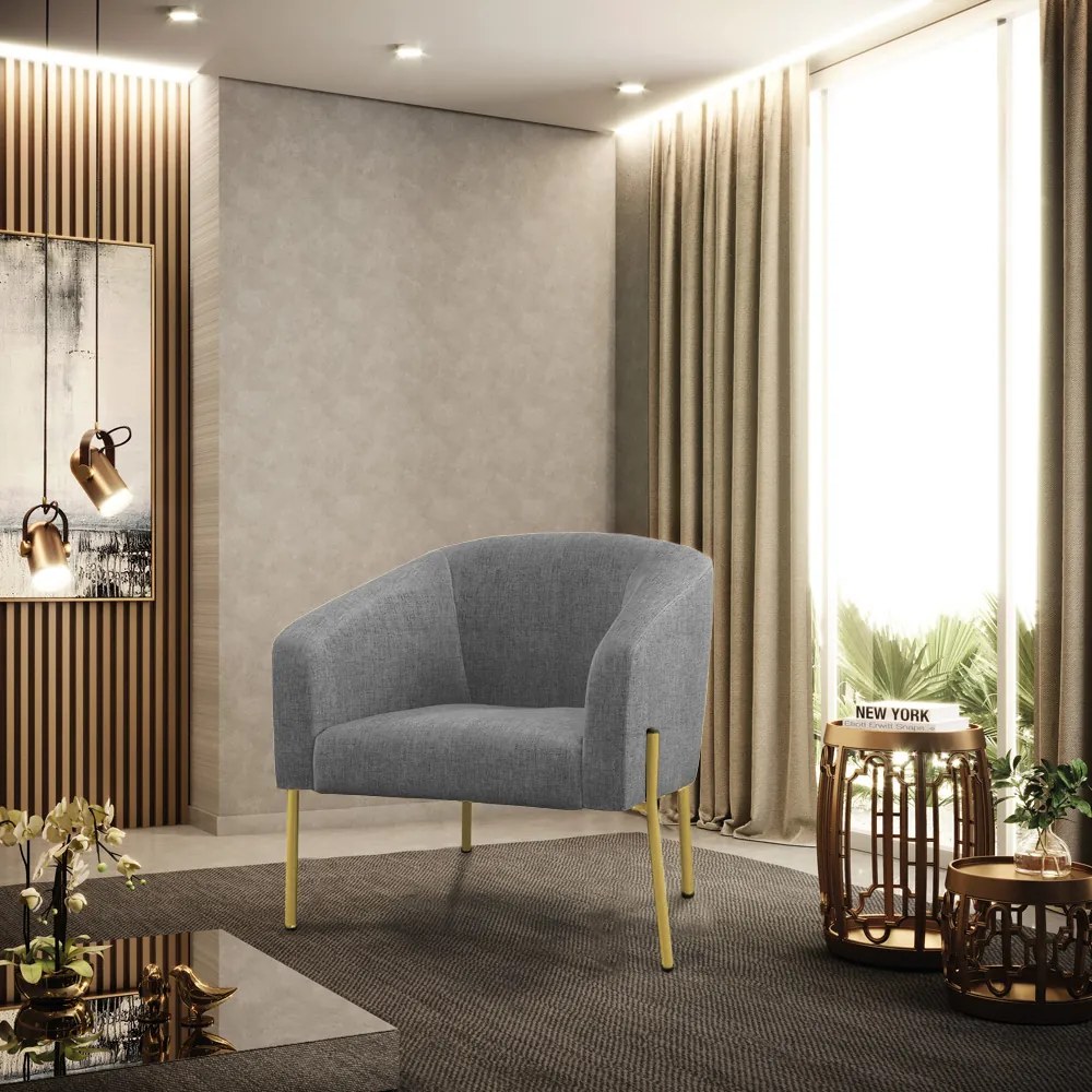 Poltrona Decorativa Pé de Ferro Dourado Stella Linho D03 - D'Rossi - A26 Grafite