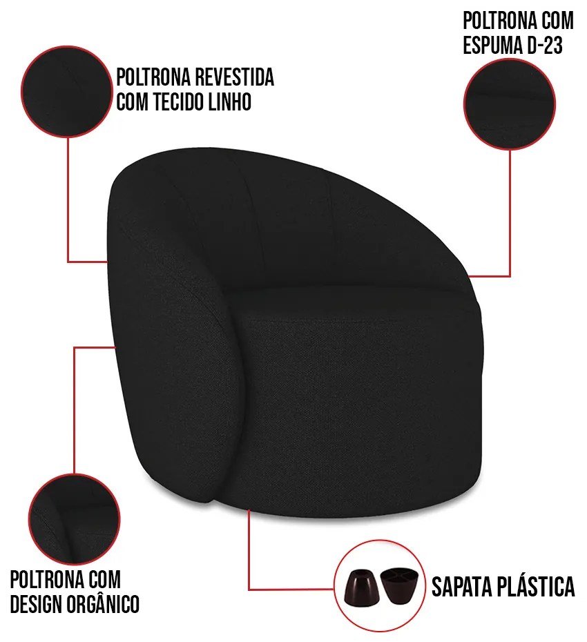 Poltrona Decorativa Orgânica Lua Linho Preto D03 - D'Rossi